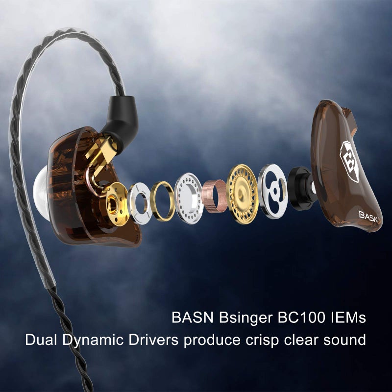 BASN in-Ear Monitor Headphones Dual Dynamic Drivers IEM Earphones Detachable MMCX Cable Musicians Earbuds Headphones (BC100 Brown, with no Mic) - Image 3